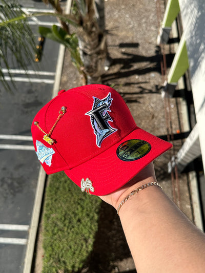 NEW ERA EXCLUSIVE 59FIFTY RED FLORIDA MARLINS W/ 1997 WORLD SERIES PATCH (PINK UV)