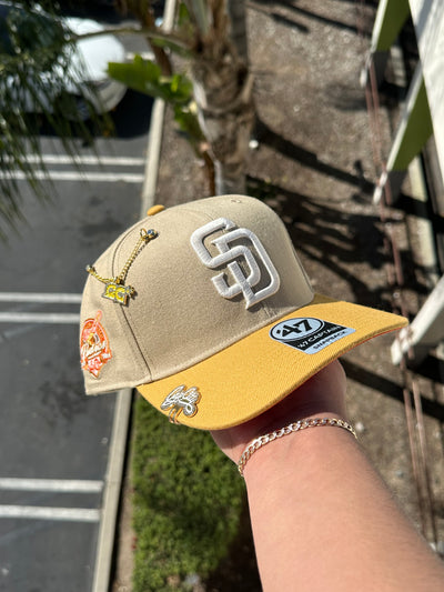 NEW* KHAKI/TAN SAN DIEGO PADRES '47 CAPTAIN SNAPBACK W/ 40TH ANNIVERSARY PATCH (ORANGE UV)
