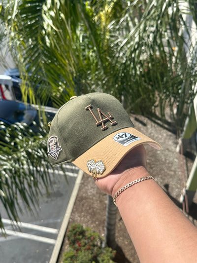 NEW* OLIVE GREEN/KHAKI LOS ANGELES DODGERS '47 MVP ADJUSTABLE SNAPBACK W/ 50TH ANNIVERSARY PATCH (PINK UV)