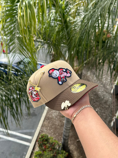 NEW ERA EXCLUSIVE 59FIFTY KHAKI/WALNUT CINCINNATI REDS W/ 2003 INAUGURAL SEASON PATCH (RED UV)