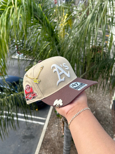 NEW* KHAKI/WALNUT OAKLAND A'S '47 CAPTAIN SNAPBACK W/ 40TH ANNIVERSARY PATCH (RED UV)