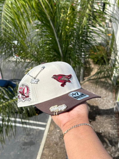 NEW* WHITE/WALNUT BALTIMORE ORIOLES '47 CAPTAIN SNAPBACK W/ 50TH ANNIVERSARY PATCH (MAROON UV)