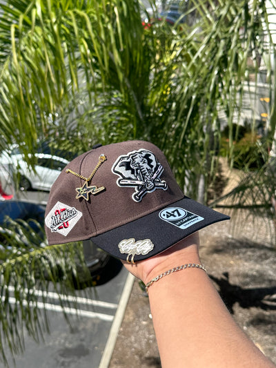NEW* MOCHA/BLACK OAKLAND ATHLETICS '47 CAPTAIN SNAPBACK W/ 25TH ANNIVERSARY PATCH (SOFT PINK UV)