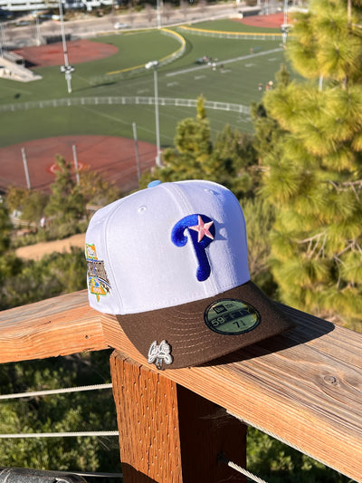 NEW ERA EXCLUSIVE 59FIFTY WHITE/WALNUT PHILADELPHIA PHILLIES W/ 1996 ALL STAR GAME PATCH (GOLD UV)