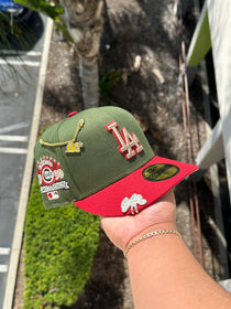 NEW ERA EXCLUSIVE 59FIFTY OLIVE GREEN/BURGUNDY LOS ANGELES DODGERS W/ 1990 ALL STAR GAME PATCH (SOFT BROWN UV)