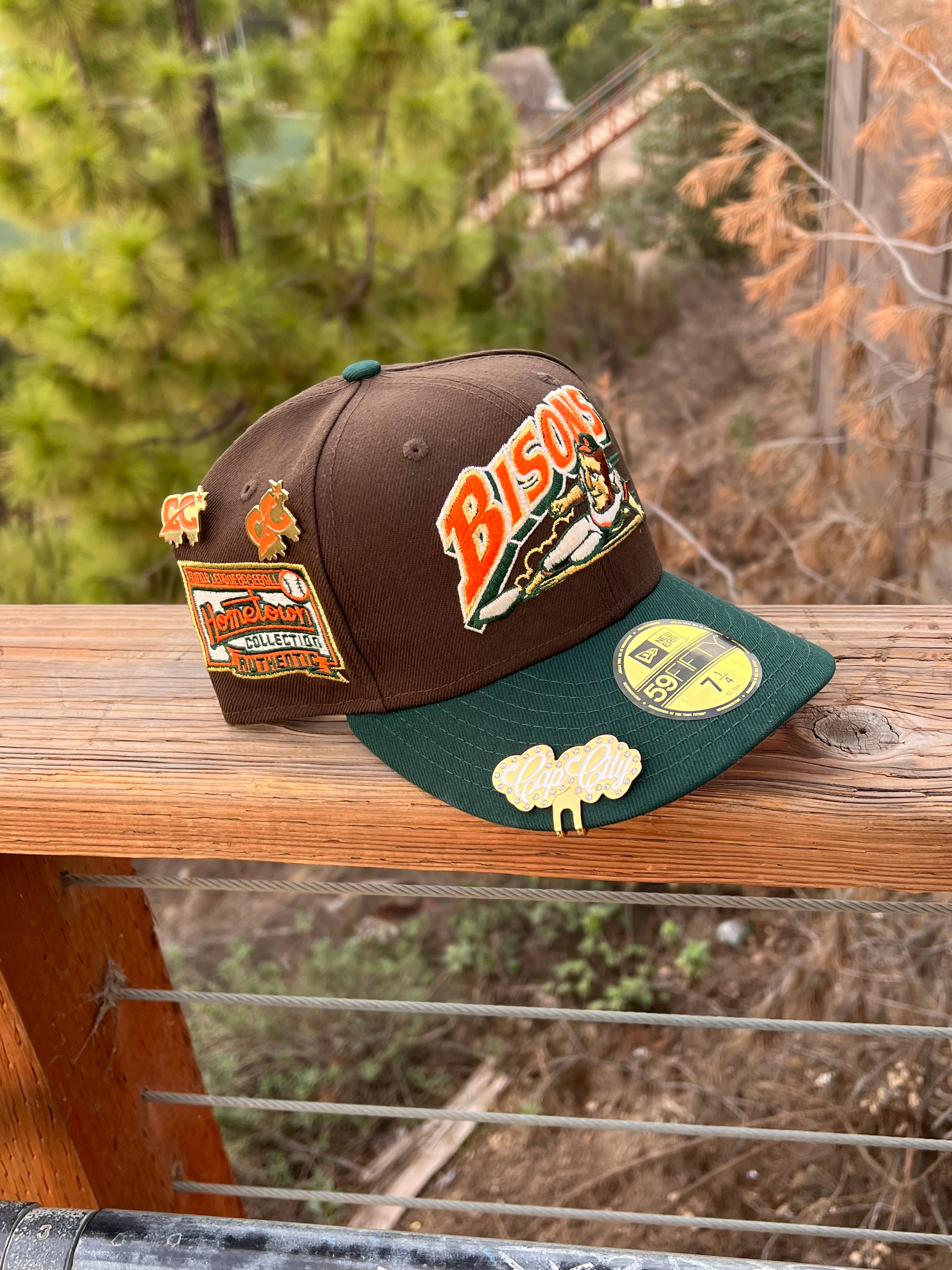 NEW ERA EXCLUSIVE 59FIFTY WALNUT/FOREST GREEN BUFFALO BISONS W/ HOMETOWN COLLECTION PATCH