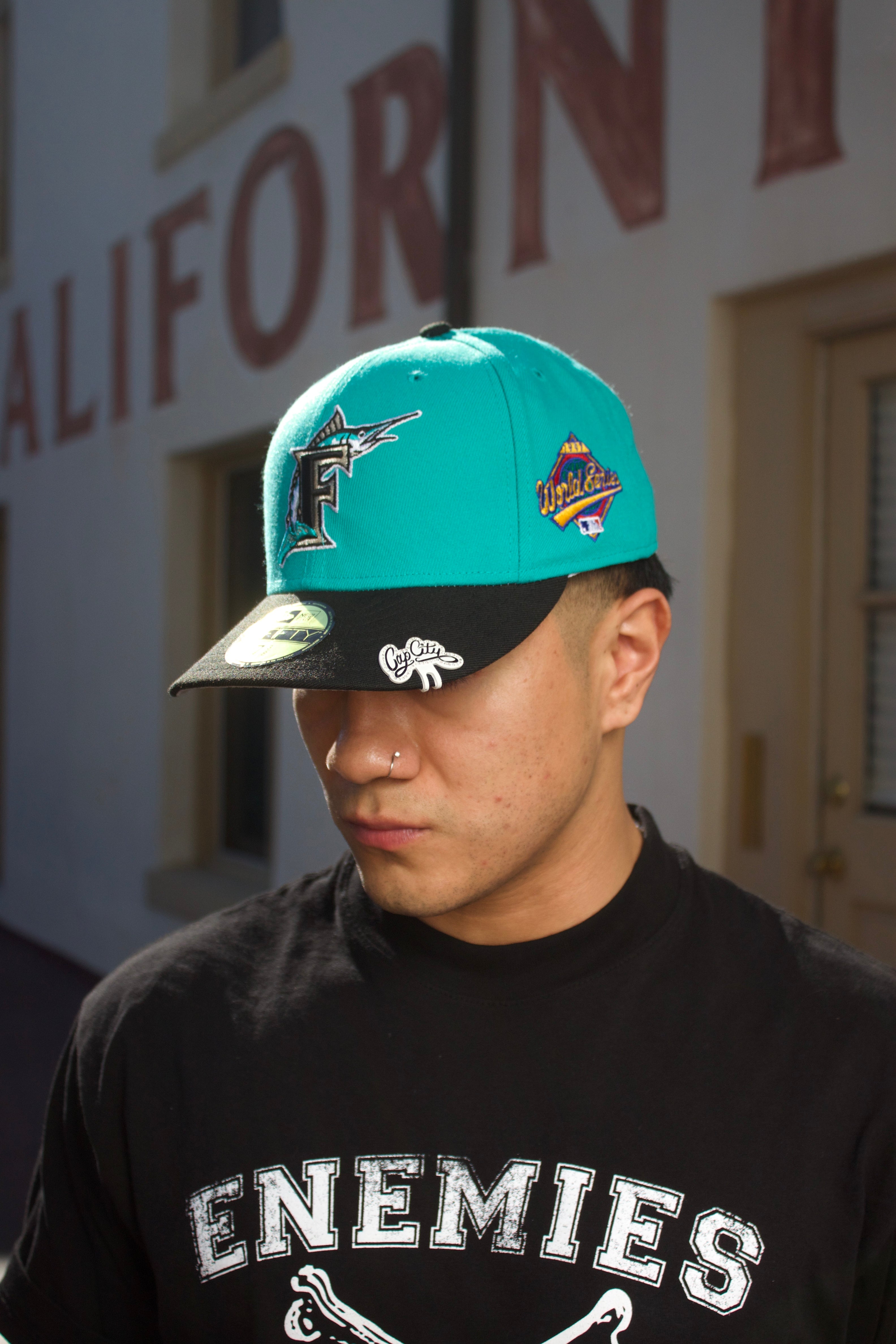 NEW ERA EXCLUSIVE 59FIFTY TEAL/BLACK FLORIDA MARLINS W/ 1997 WORLD SERIES PATCH