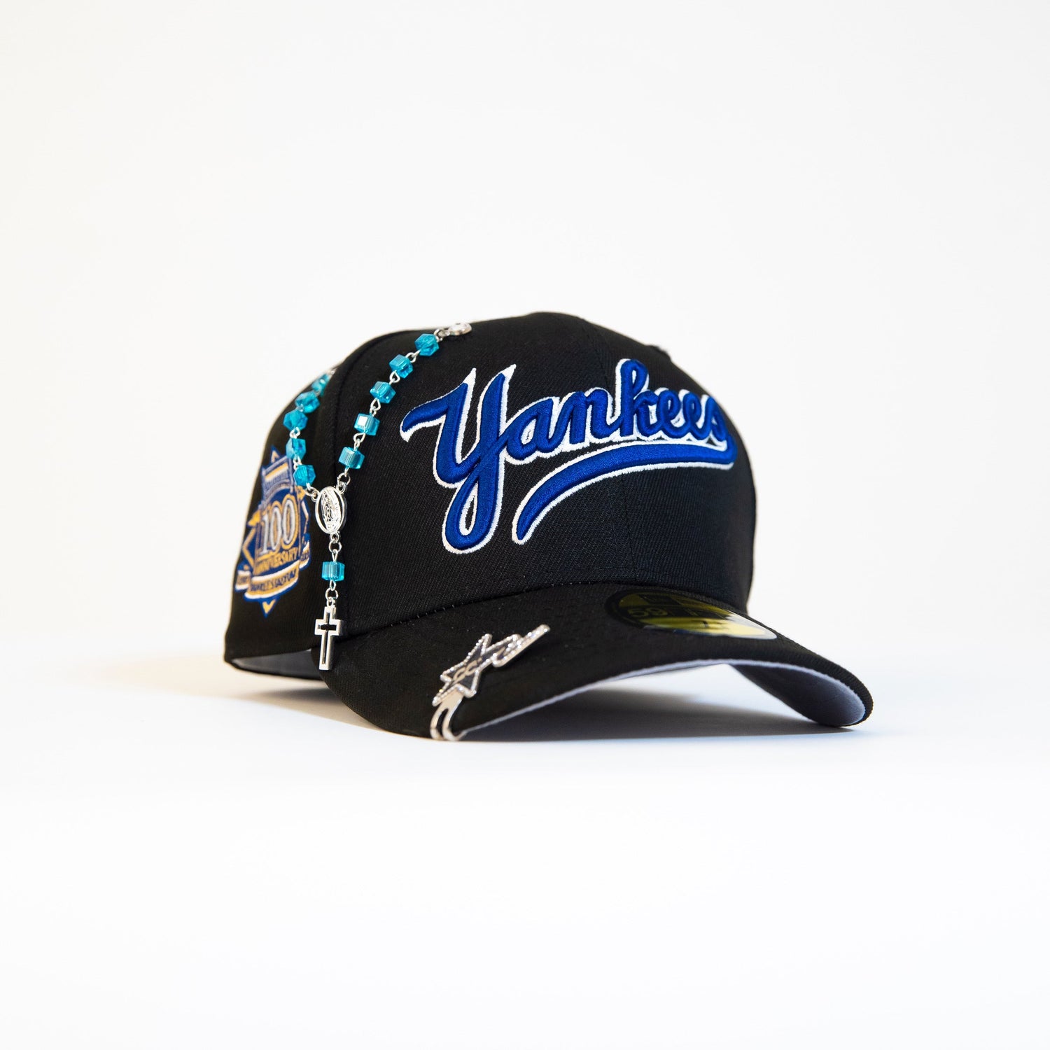 NEW ERA EXCLUSIVE 59FIFTY BLACK NEW YORK YANKEES SCRIPT W/ 100TH ANNIVERSARY SIDE PATCH