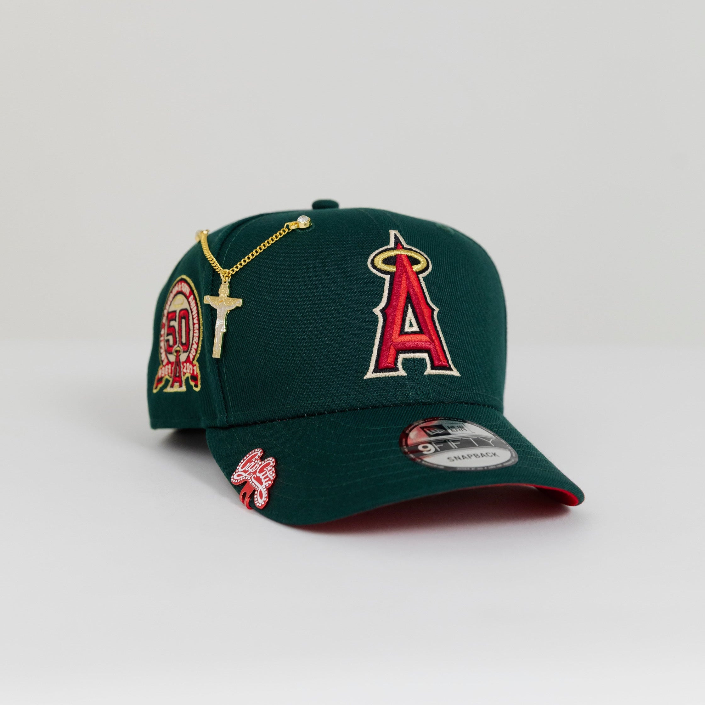 NEW ERA EXCLUSIVE 9FIFTY FOREST GREEN ANAHEIM ANGELS SNAPBACK W/ 50TH ANNIVERSARY PATCH