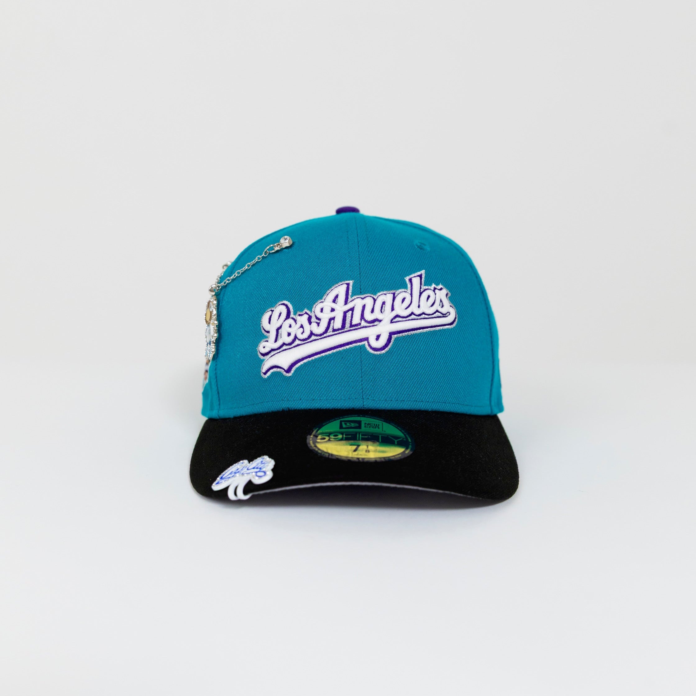 NEW ERA EXCLUSIVE 59FIFTY AQUA BLUE/ BLACK LOS ANGELES DODGERS SCRIPT W/ 40TH ANNIVERSARY SIDE PATCH