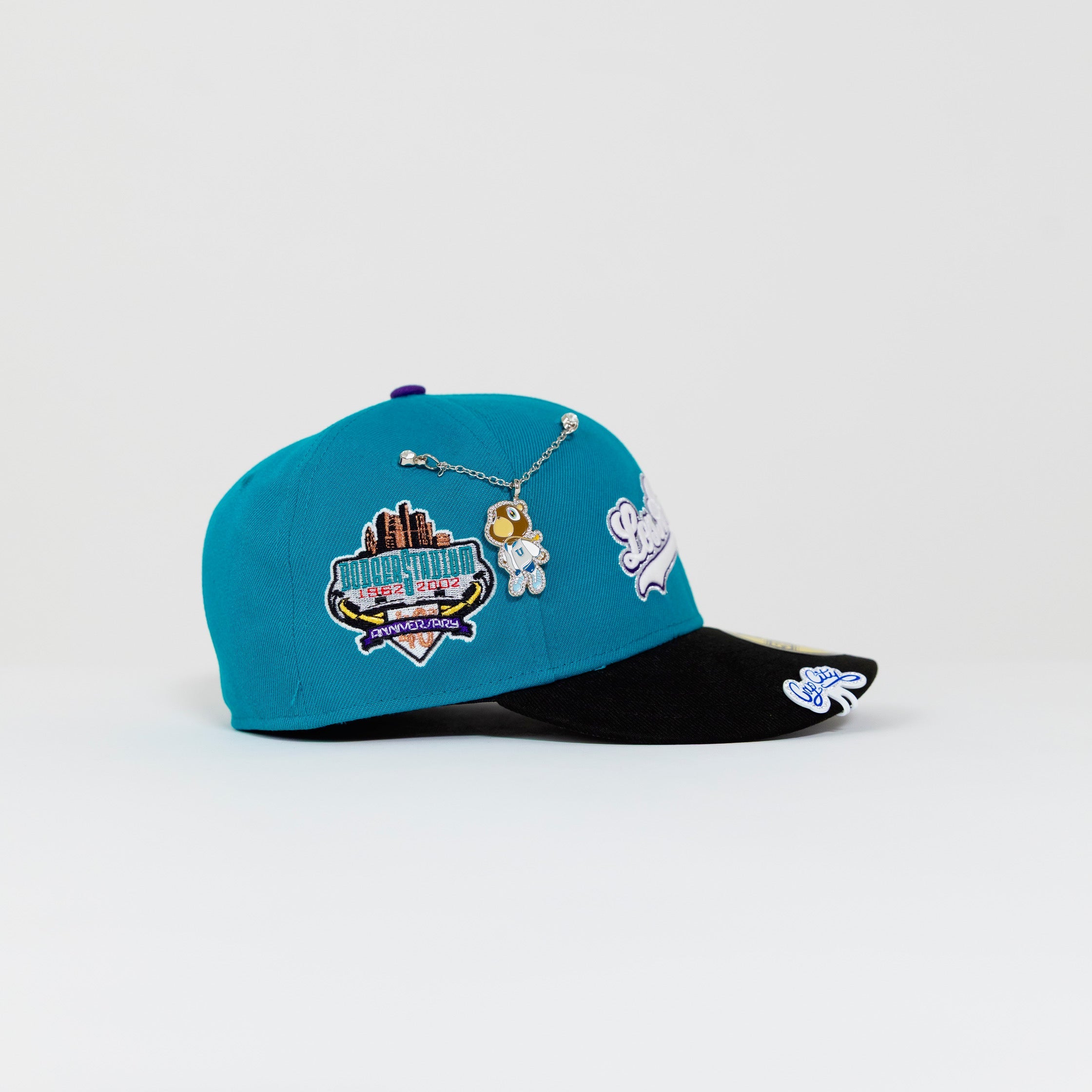 NEW ERA EXCLUSIVE 59FIFTY AQUA BLUE/ BLACK LOS ANGELES DODGERS SCRIPT W/ 40TH ANNIVERSARY SIDE PATCH