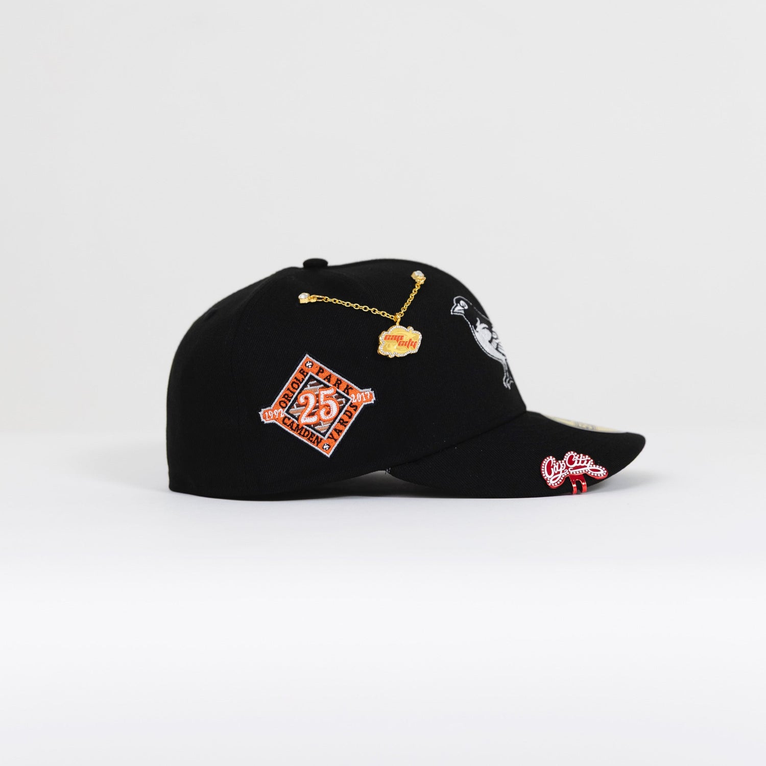 NEW ERA EXCLUSIVE 59FIFTY BLACK BALTIMORE ORIOLES W/ 25TH ANNIVERSARY SIDE PATCH