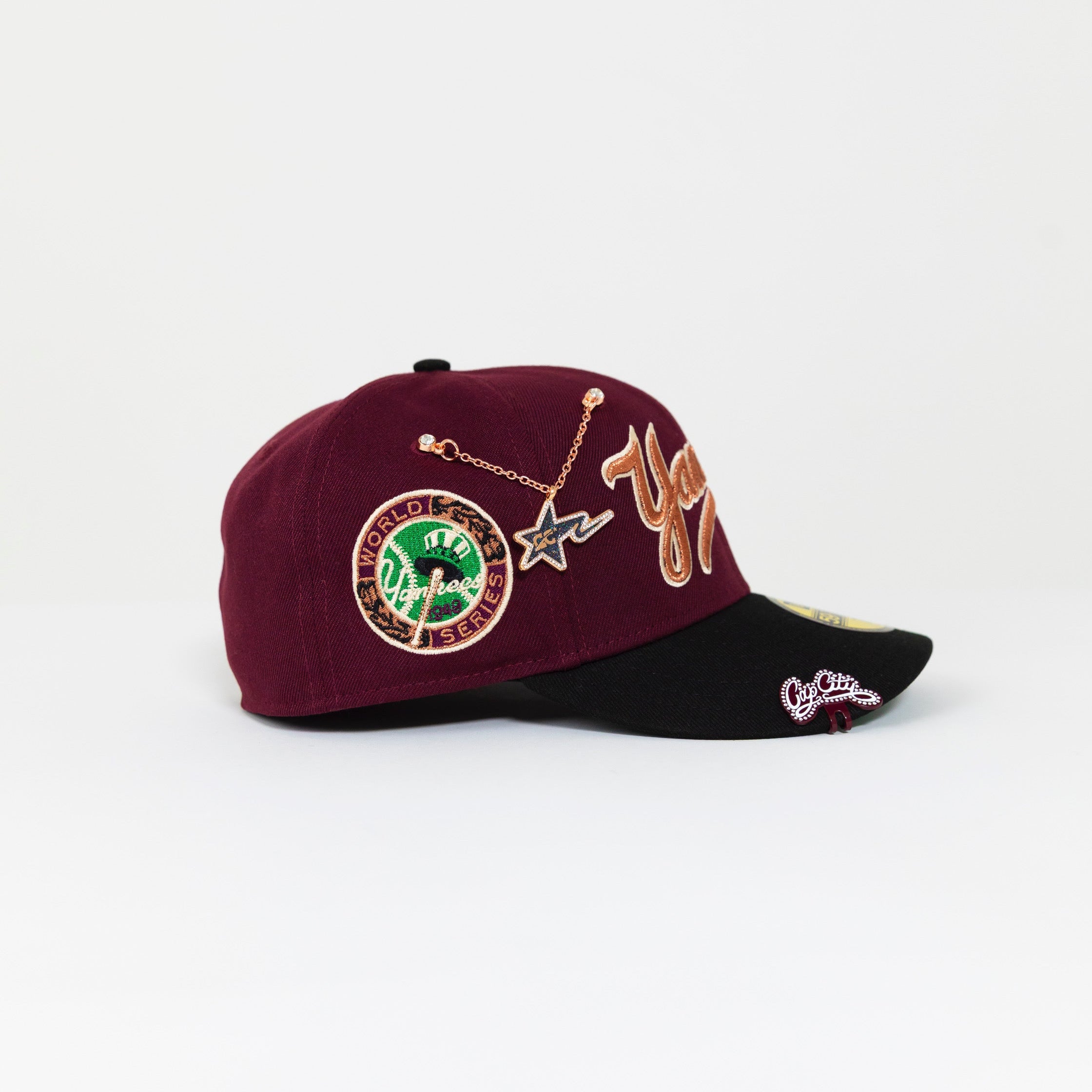 NEW ERA EXCLUSIVE 59FIFTY MAROON/ BLACK NEW YORK YANKEES SCRIPT W/ 1949 WORLD SERIES SIDE PATCH