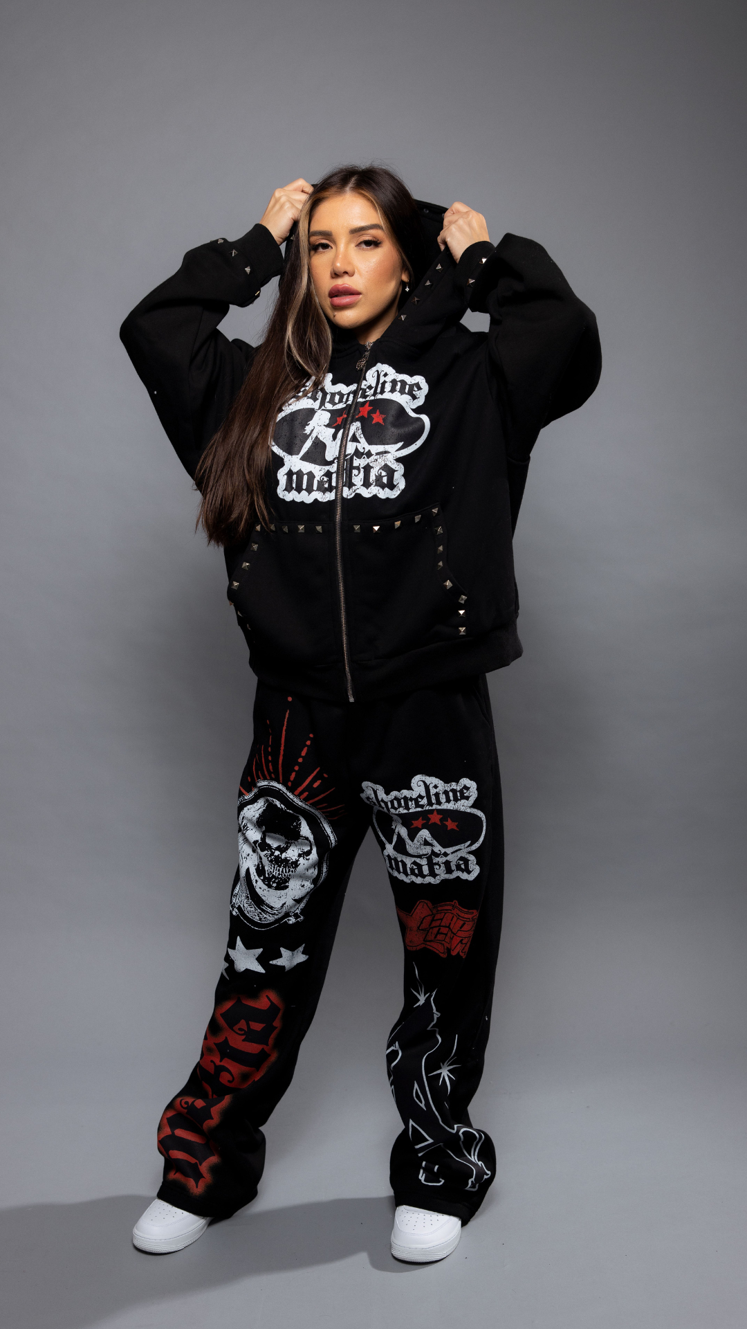 CAP CITY X SHORELINE MAFIA BLACK STUDDED ZIP UP HOODIE - UNISEX