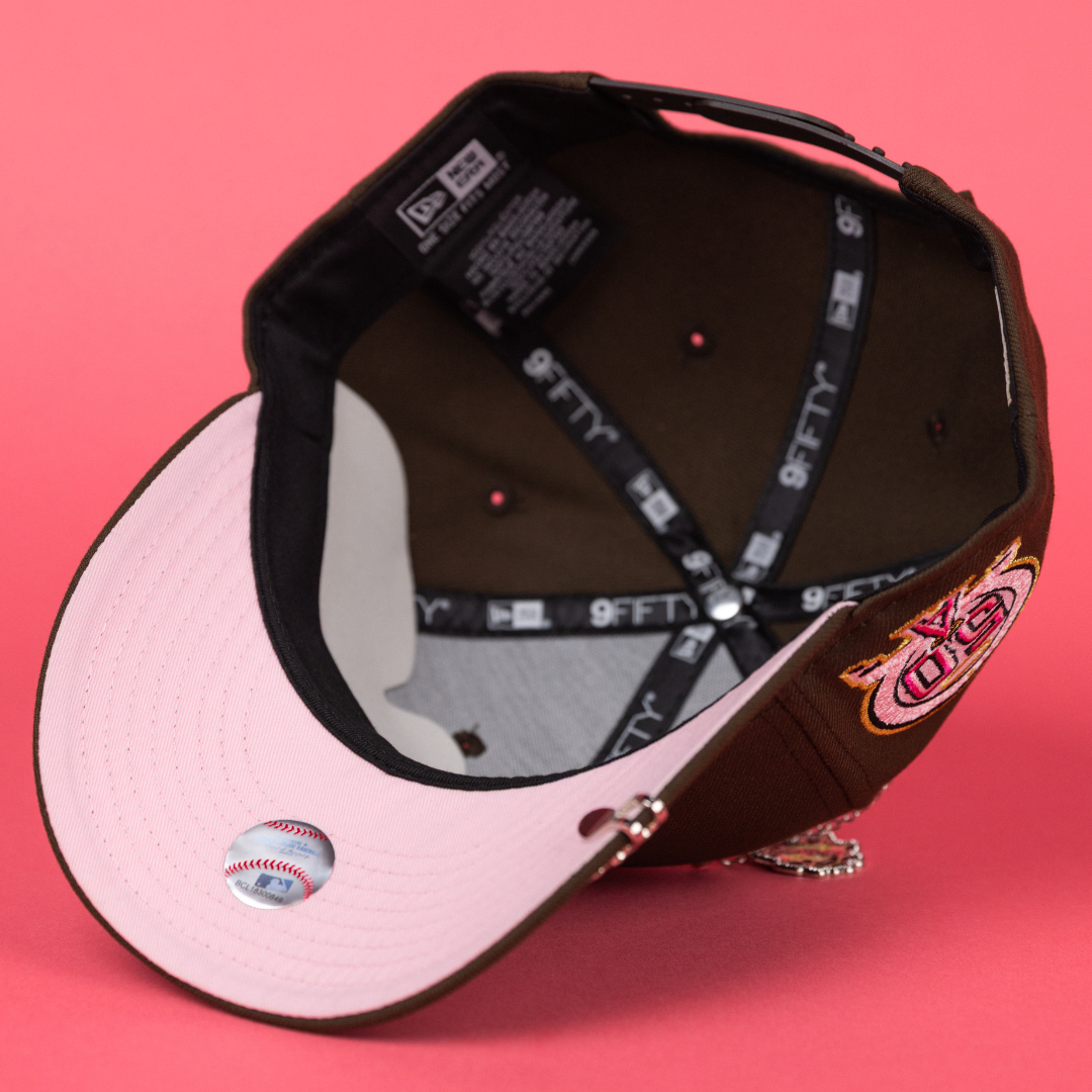 NEW ERA EXCLUSIVE 9FIFTY BROWN UPSIDE DOWN ANAHEIM ANGELS SNAPBACK W/ 50TH ANNIVERSARY SIDE PATCH