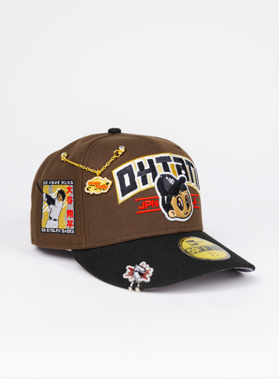 NEW ERA EXCLUSIVE 59FIFTY BROWN/ BLACK LOS ANGELES DODGERS W/ SHOHEI OHTANI SCRIPT + 50-50 CLUB SIDE PATCH