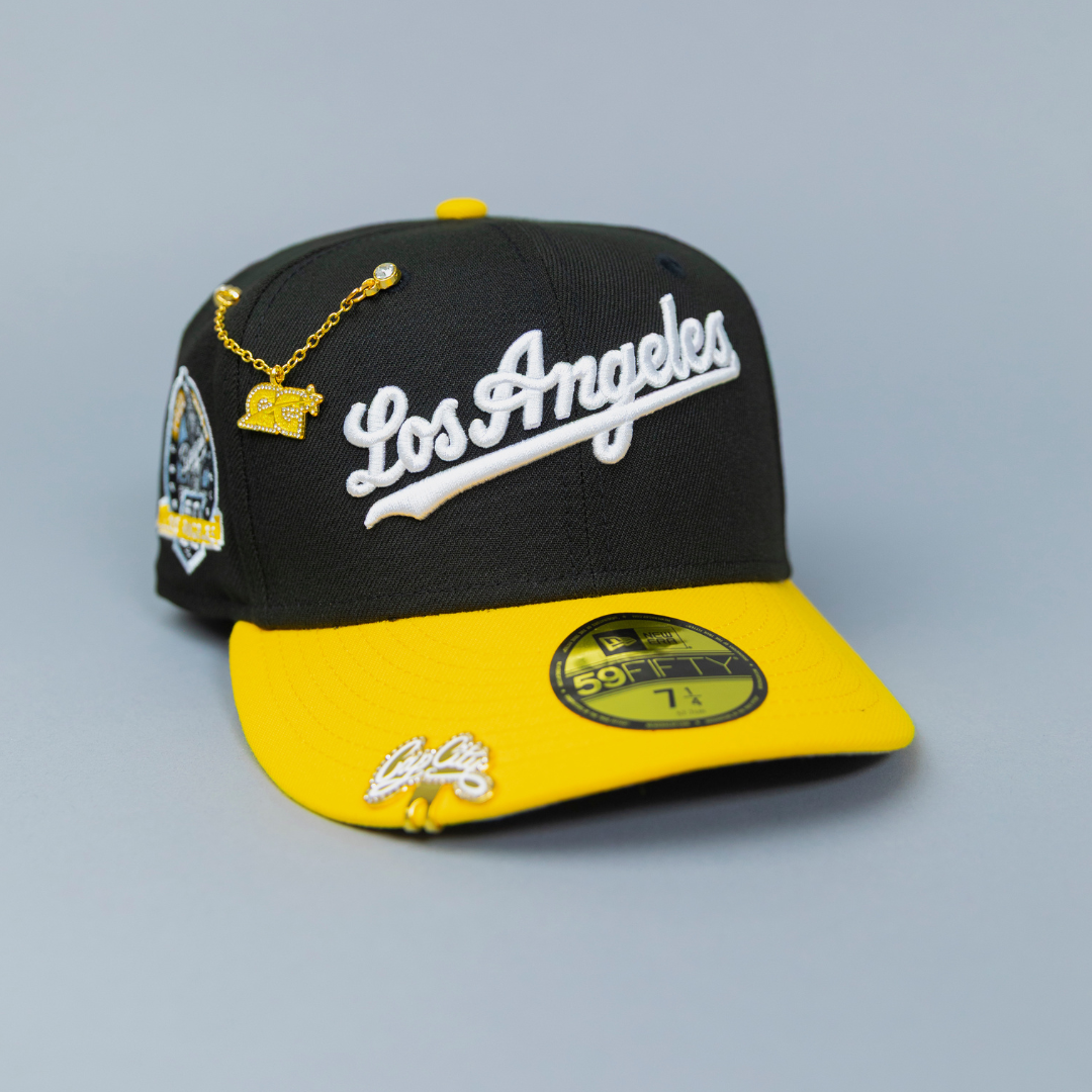 NEW ERA EXCLUSIVE 59FIFTY BLACK/ YELLOW LOS ANGELES DODGERS SCRIPT W/ 60TH ANNIVERSARY SIDE PATCH