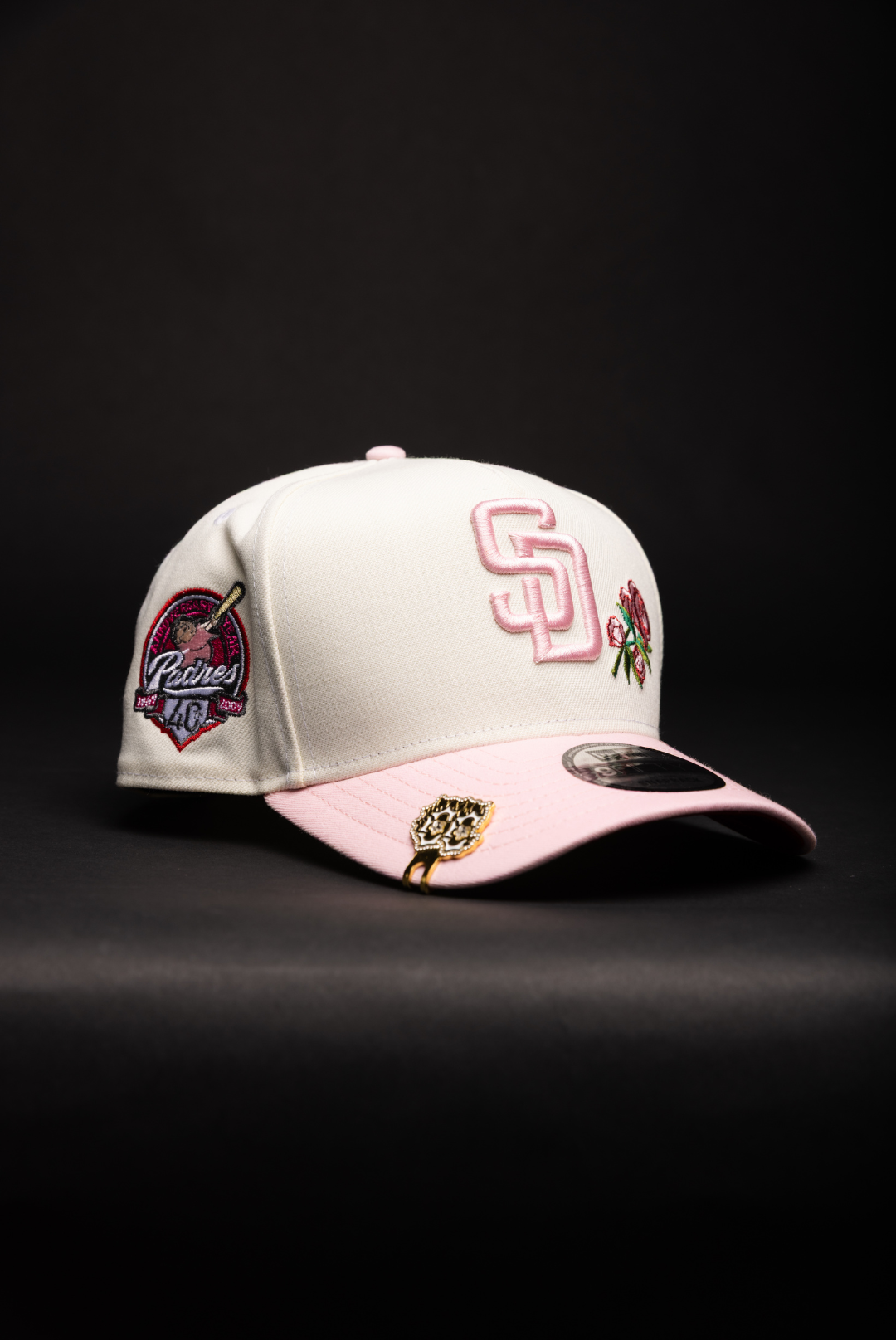 NEW ERA 9FIFTY A-FRAME CHROME/PINK SAN DIEGO PADRES W/ ROSES + 40TH ANNIVERSARY SIDE PATCH