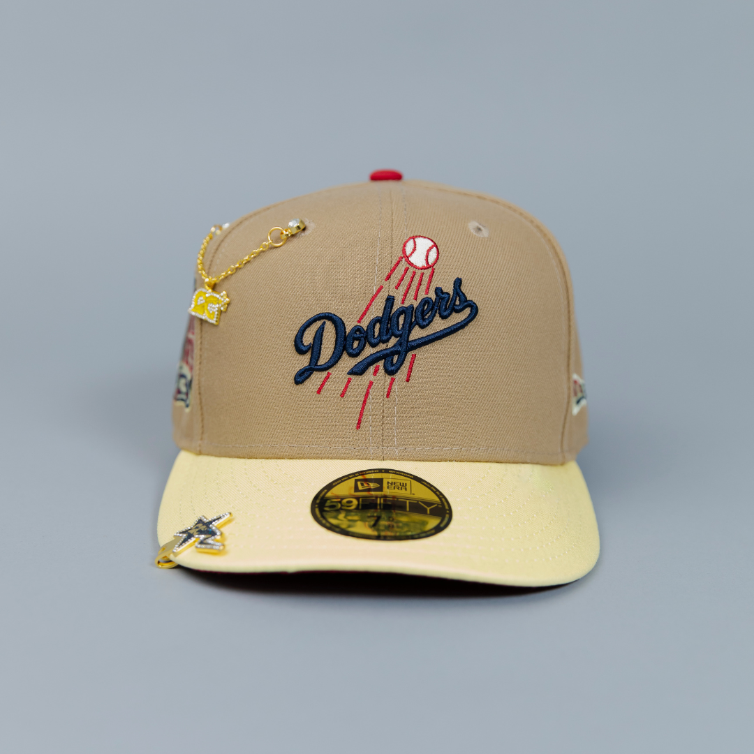 NEW ERA EXCLUSIVE 59FIFTY KHAKI/ YELLOW LOS ANGELES DODGERS SCRIPT W/ 1999 ALL STAR GAME SIDE PATCH