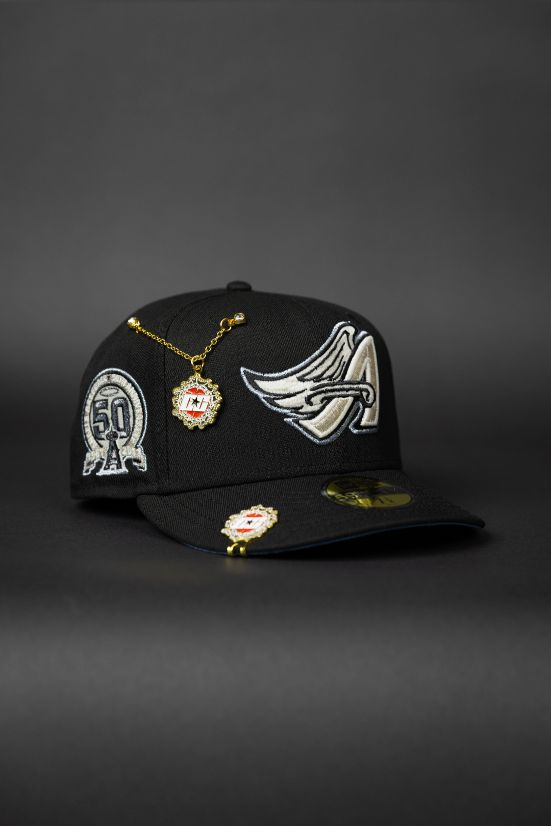 NEW ERA EXCLUSIVE 59FIFTY BLACK ANAHEIM ANGELS W/ 50TH ANNIVERSARY SIDE PATCH