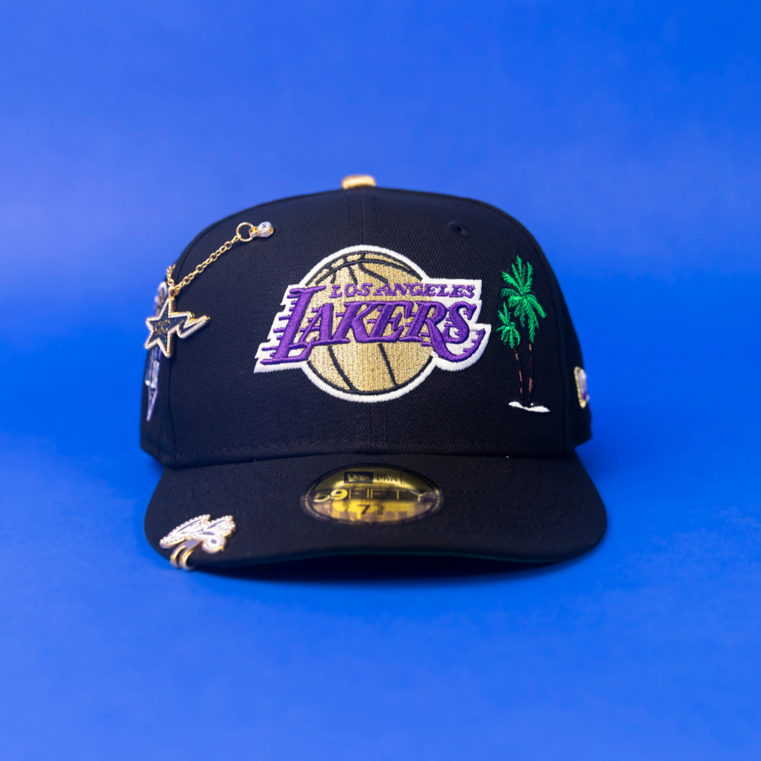 NEW ERA EXCLUSIVE 59FIFTY BLACK LOS ANGELES LAKERS W/ PALM TREES + 17X CHAMPIONS SIDE PATCH