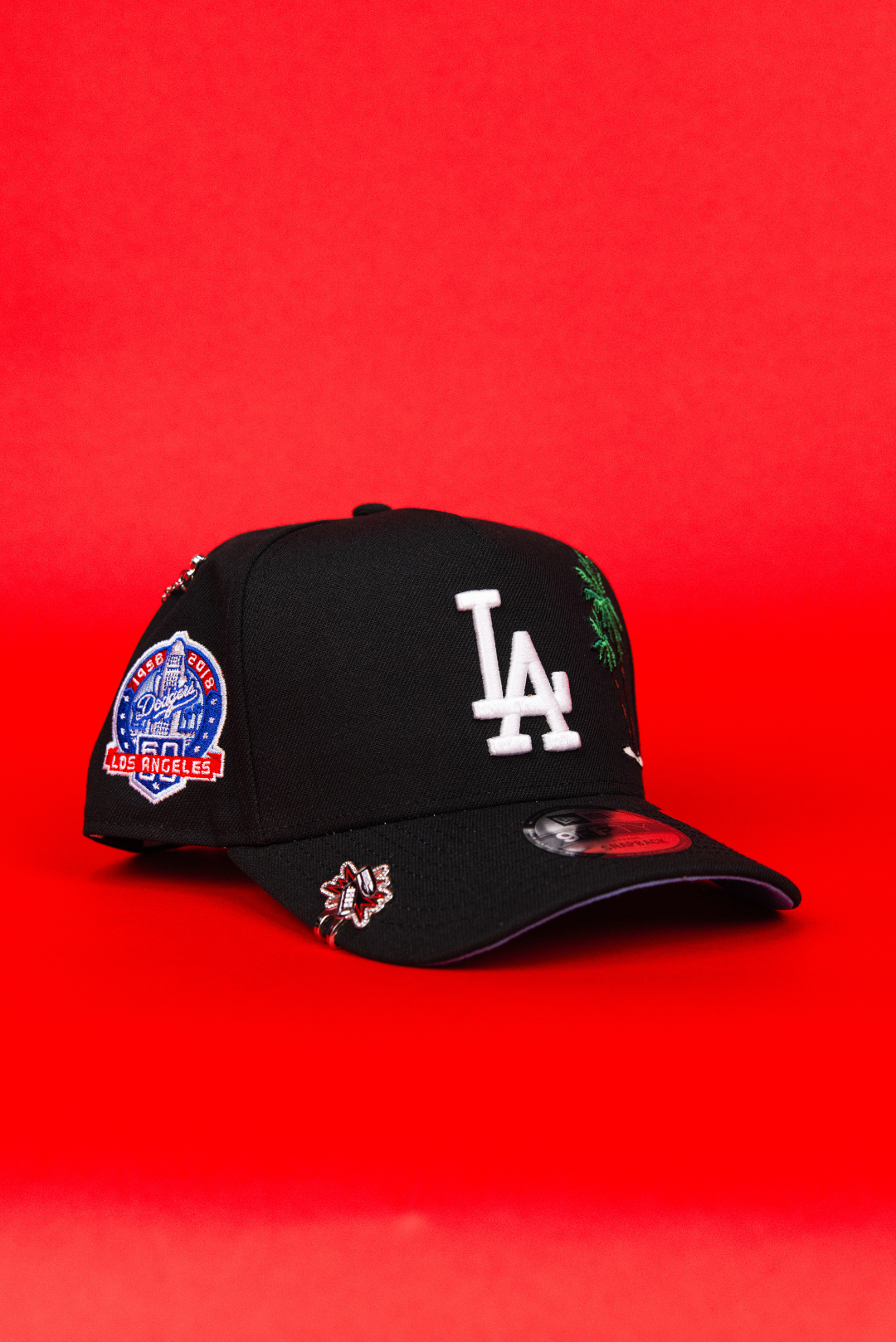 NEW ERA 9FIFTY A-FRAME BLACK LOS ANGELES DODGERS SNAPBACK W/ PALM TREES + 60TH ANNIVERSARY SIDE PATCH