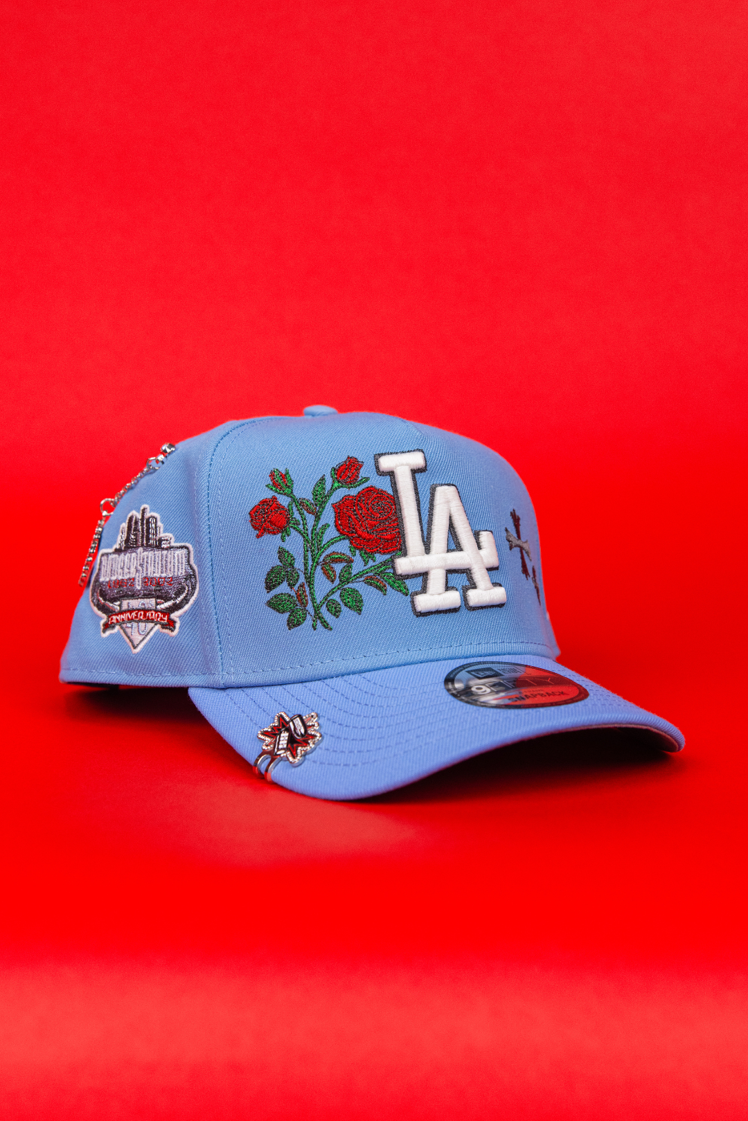 NEW ERA 9FIFTY A-FRAME ICY BLUE LOS ANGELES DODGERS SNAPBACK W/ BLOOMING ROSES + 40TH ANNIVERSARY SIDE PATCH