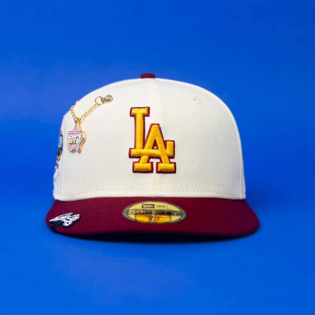 NEW ERA EXCLUSIVE 59FIFTY CHROME/ BURGUNDY LOS ANGELES DODGERS W/ 40TH ANNIVERSARY SIDE PATCH