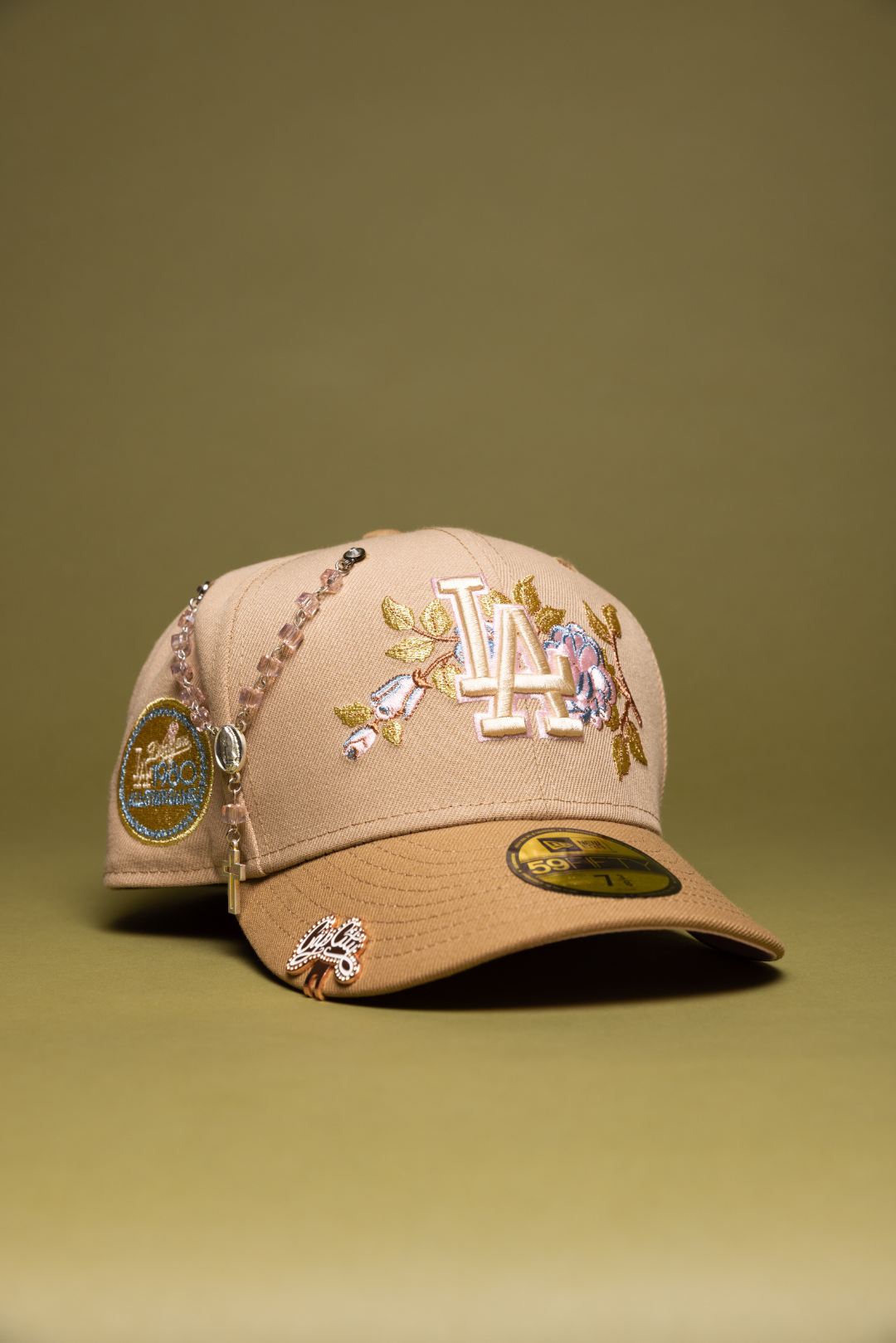 NEW ERA EXCLUSIVE 59FIFTY BEIGE LOS ANGELES DODGERS W/ PINK ROSE + 1980 ALL STAR GAME SIDE PATCH