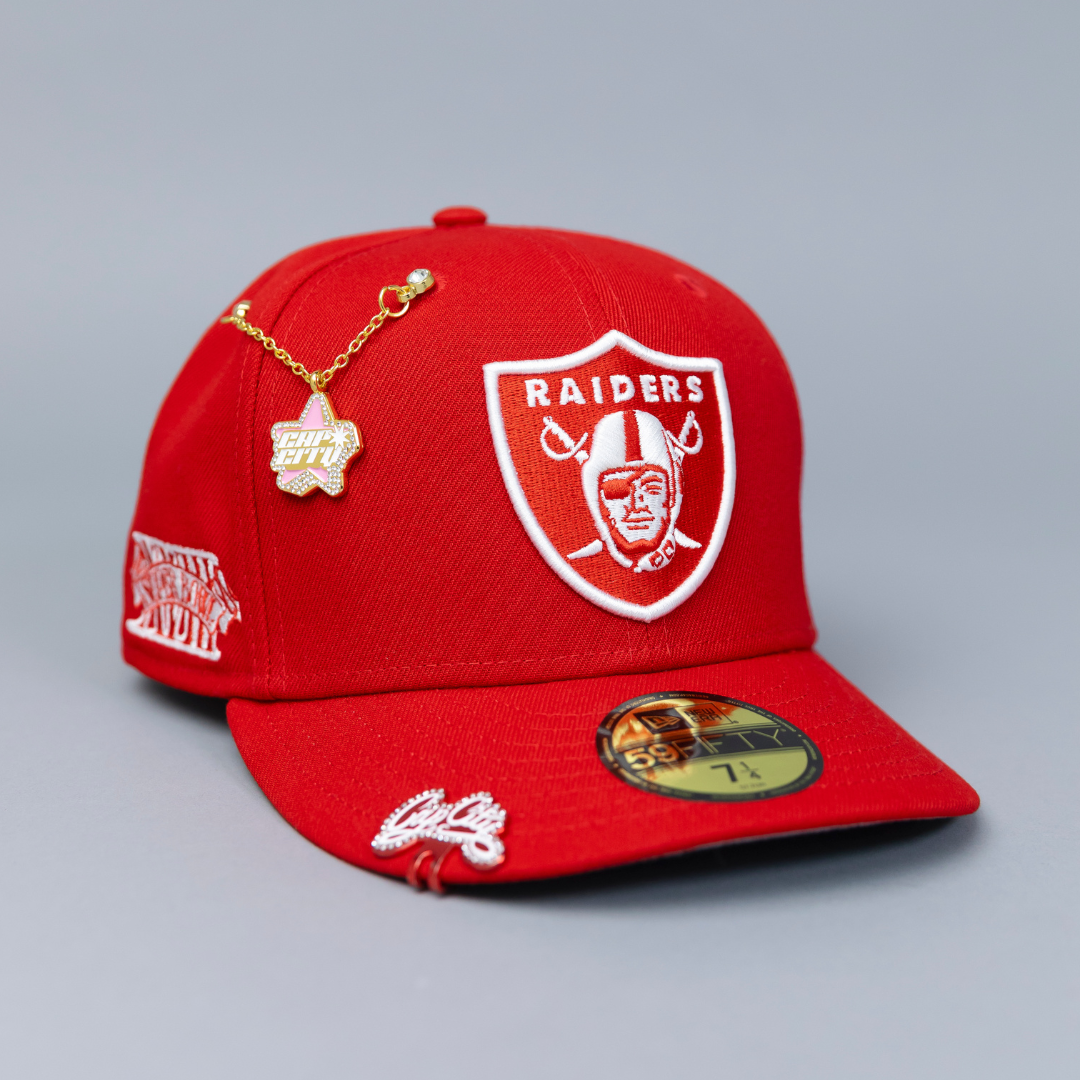 NEW ERA EXCLUSIVE 59FIFTY RED LAS VEGAS RAIDERS W/ SUPER BOWL SIDE PATCH