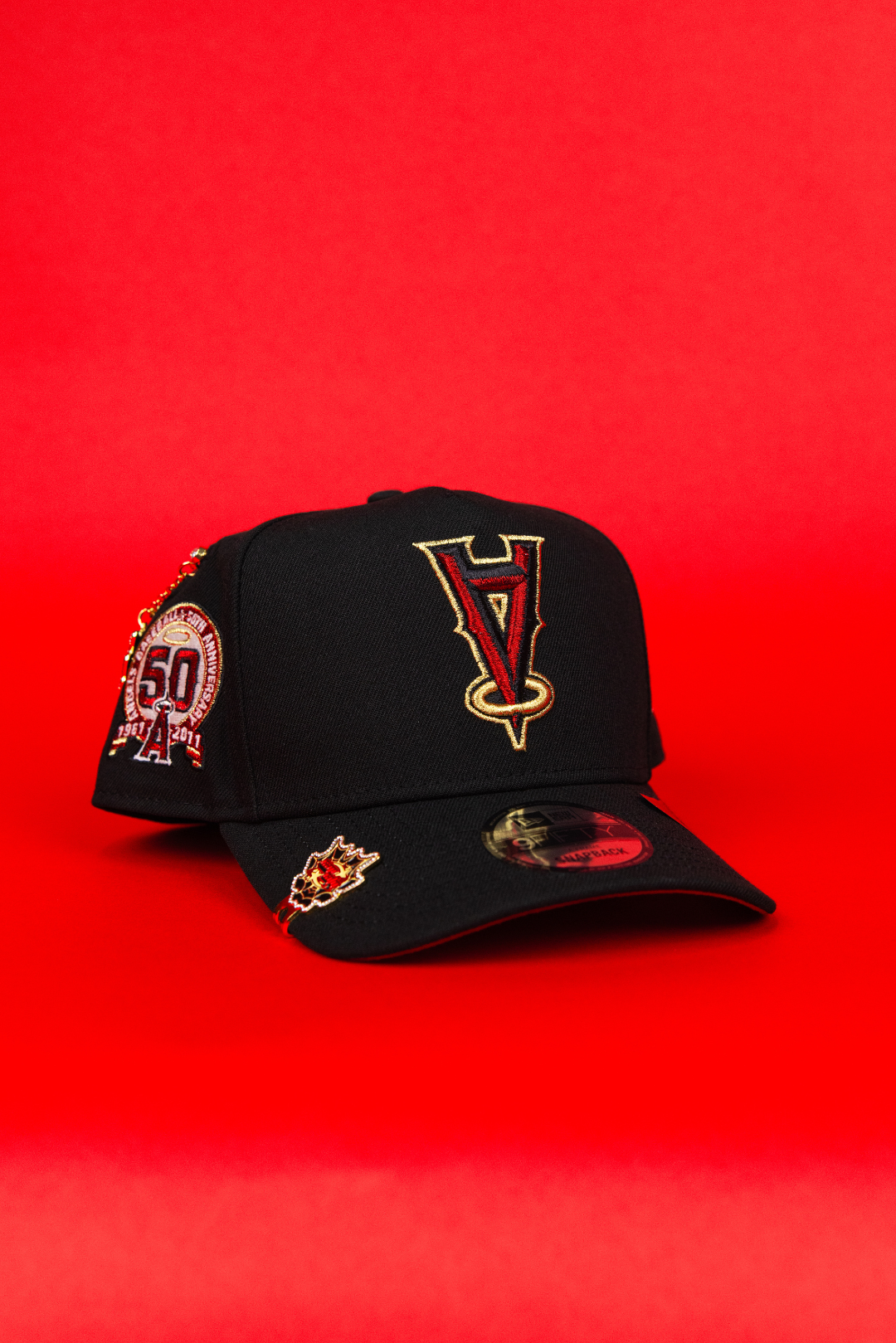 NEW ERA 9FIFTY A-FRAME BLACK UPSIDE DOWN ANAHEIM ANGELS SNAPBACK W/ 50TH ANNIVERSARY SIDE PATCH