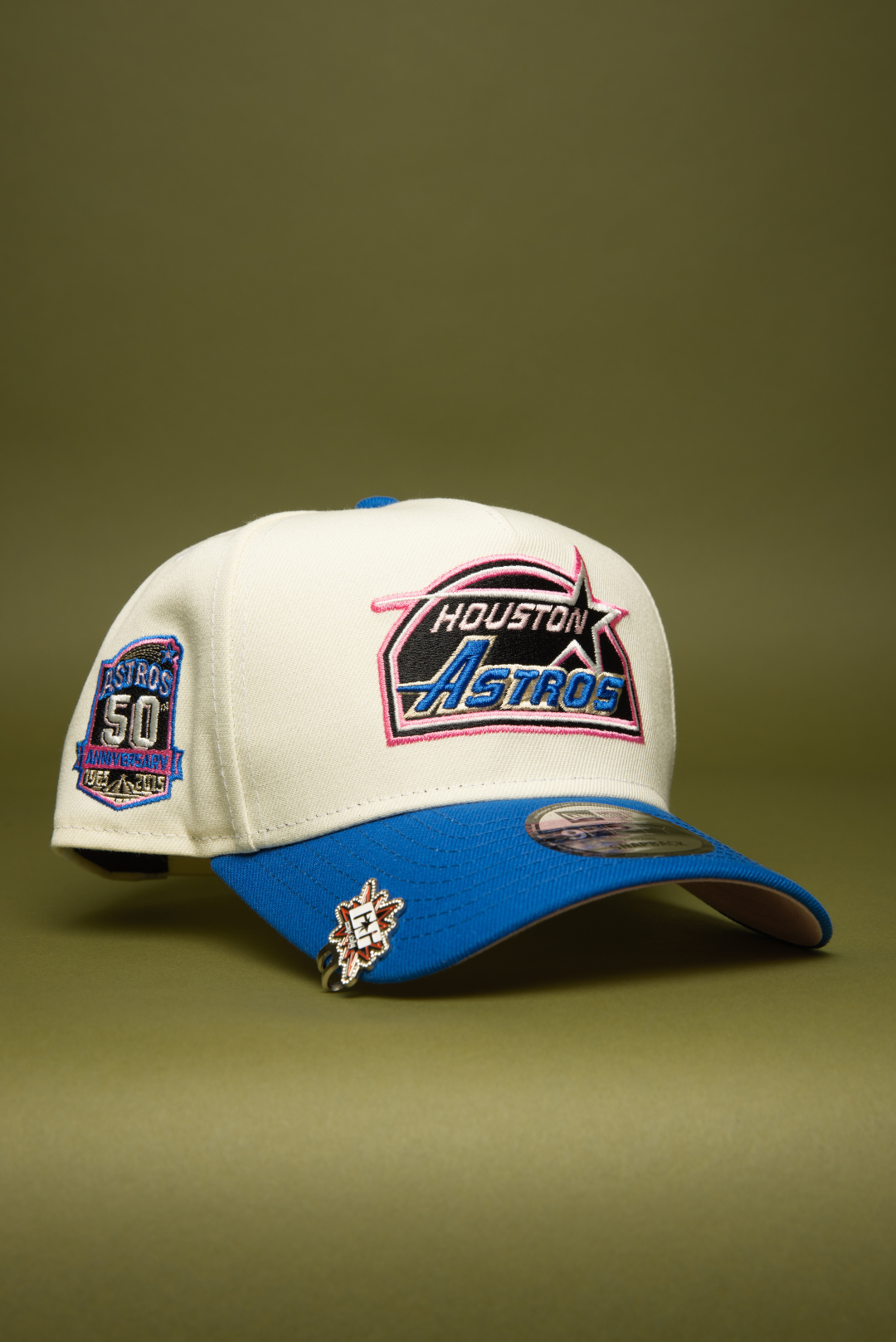 NEW ERA 9FIFTY A-FRAME CHROME/BLUE HOUSTON ASTROS SNAPBACK W/ 50TH ANNIVERSARY SIDE PATCH