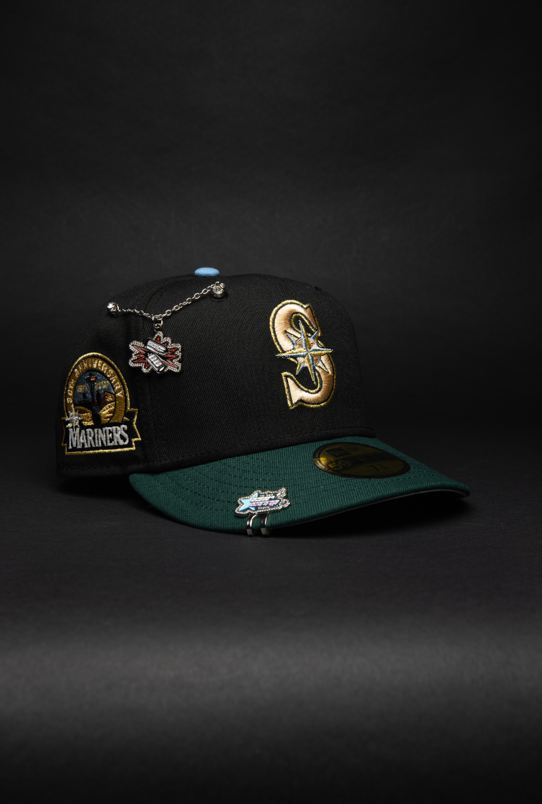 NEW ERA EXCLUSIVE 59FIFTY BLACK/FOREST GREEN SEATTLE MARINERS W/ ANNIVERSARY SIDE PATCH