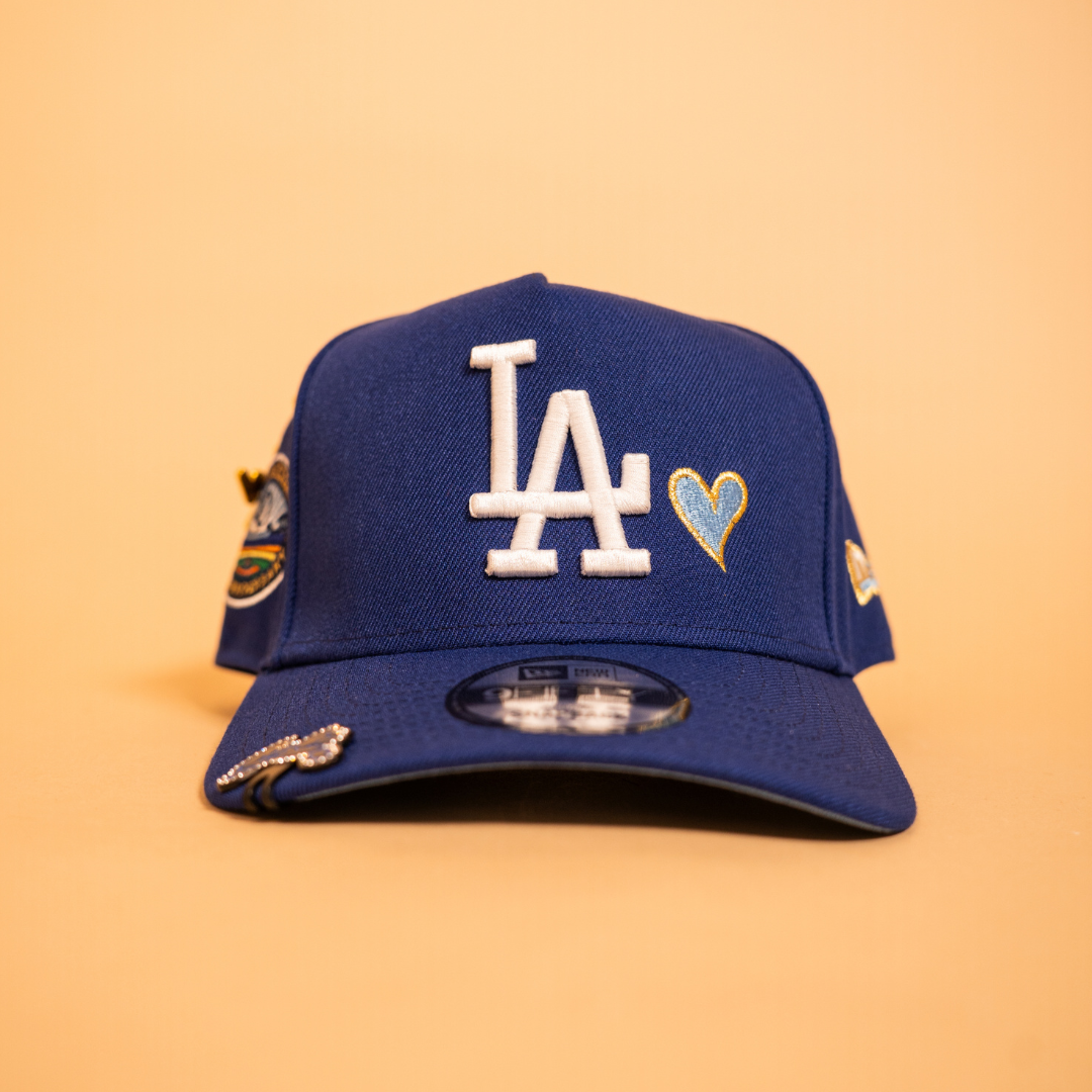 NEW ERA EXCLUSIVE 9FIFTY A-FRAME BLUE LOS ANGELES DODGERS W/ ICY HEART + 50TH ANNIVERSARY SIDE PATCH