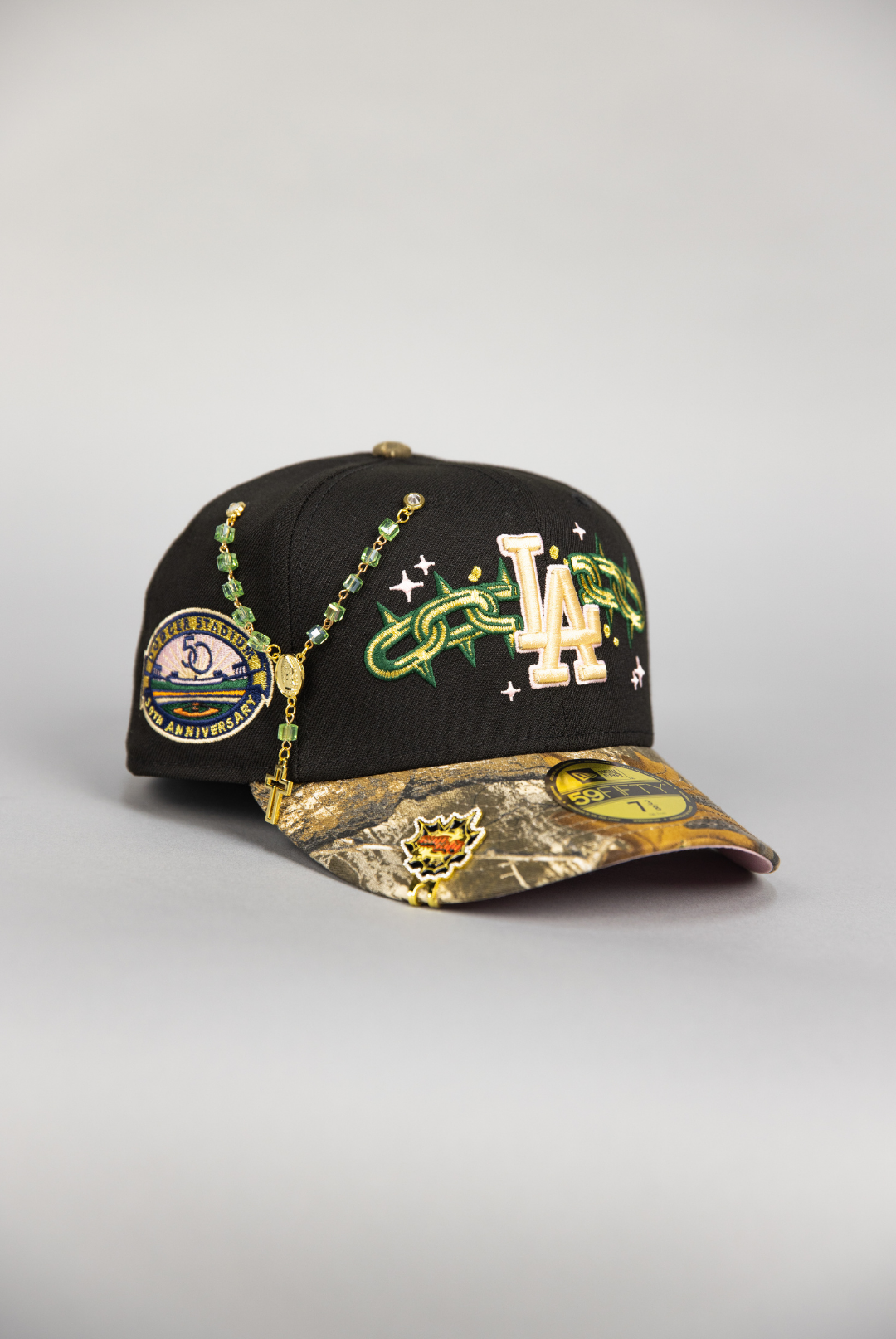 NEW ERA EXCLUSIVE 59FIFTY BLACK/ REALTREE LOS ANGELES DODGERS W/ EMBROIDERY + 50TH ANNIVERSARY SIDE PATCH