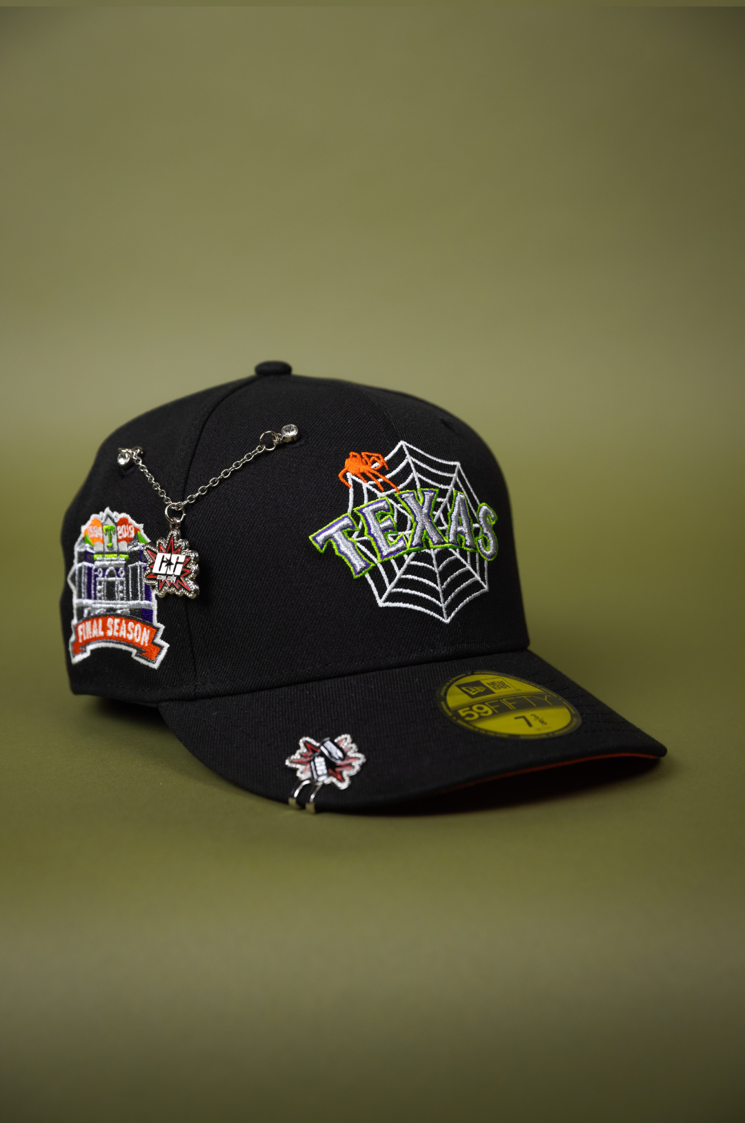 NEW ERA EXCLUSIVE 59FIFTY BLACK TEXAS RANGERS W/ SPIDER WEB LOGO + FINAL SEASON SIDE PATCH