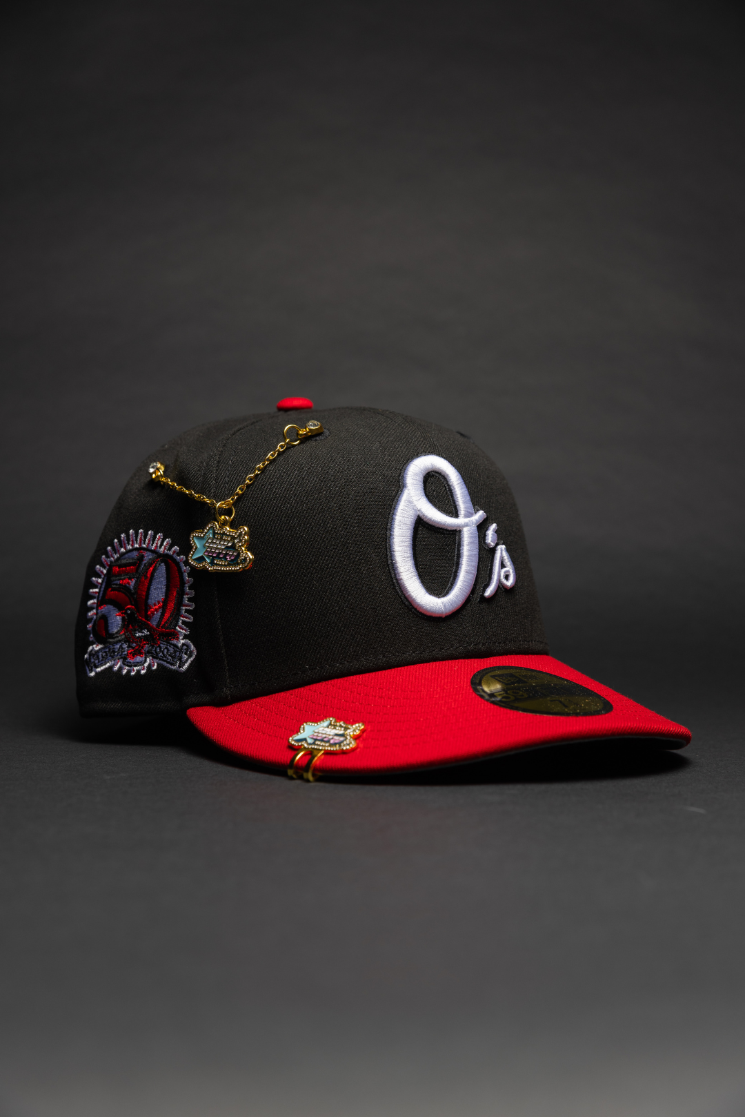 NEW ERA EXCLUSIVE 59FIFTY BLACK/RED BALTIMORE ORIOLES W/ 50TH ANNIVERSARY SIDE PATCH