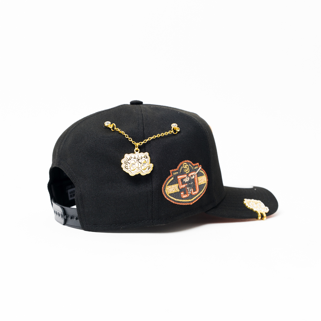 NEW ERA 9FIFTY A-FRAME BLACK SAN DIEGO PADRES SNAPBACK W/ 50TH ANNIVERSARY SIDE PATCH