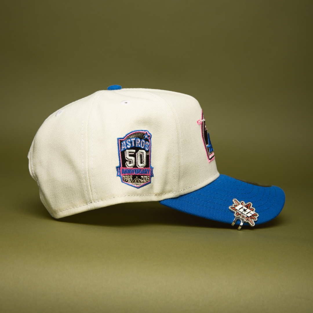 NEW ERA 9FIFTY A-FRAME CHROME/BLUE HOUSTON ASTROS SNAPBACK W/ 50TH ANNIVERSARY SIDE PATCH