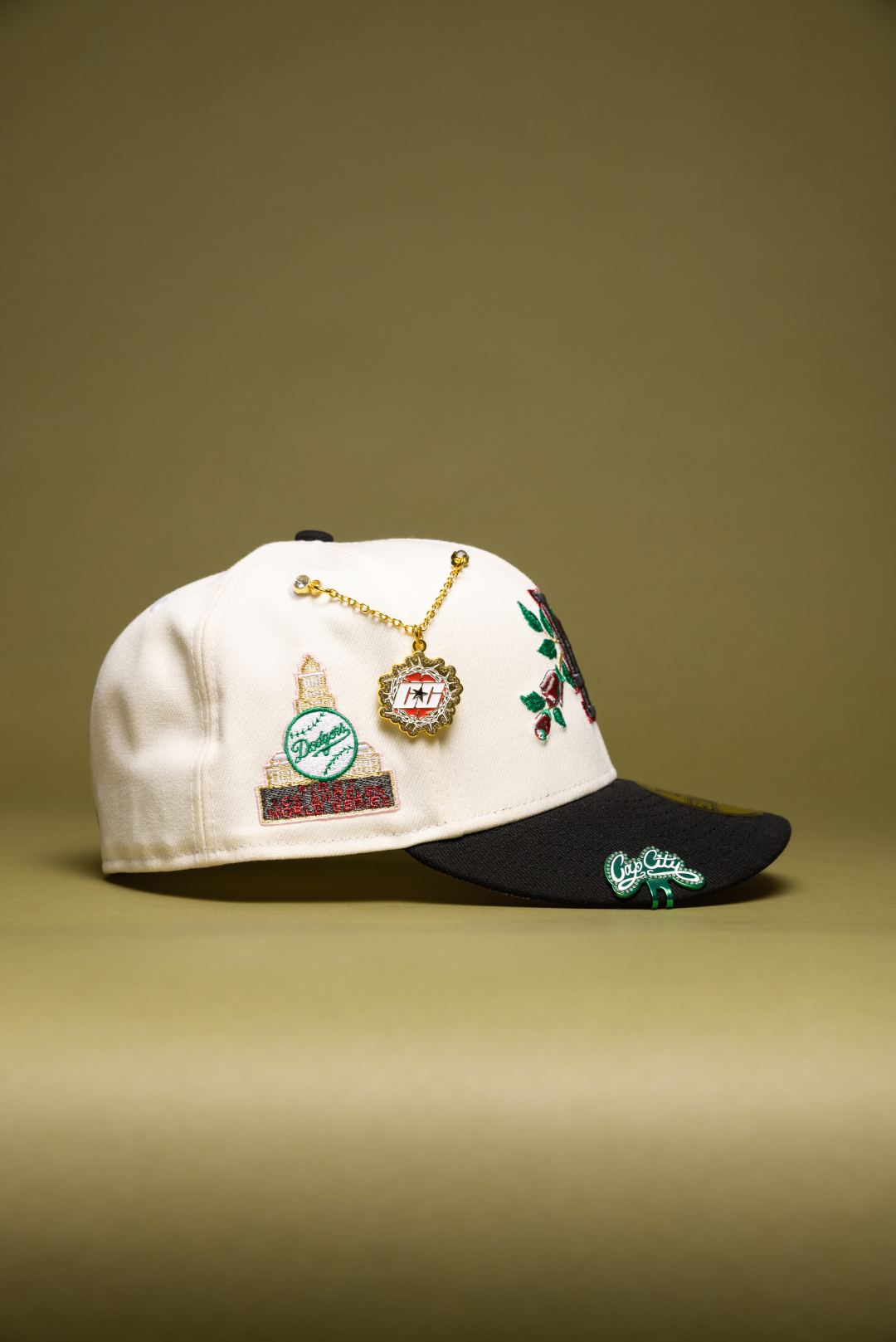 NEW ERA EXCLUSIVE 59FIFTY CHROME/BLACK LOS ANGELES DODGERS W/ RED ROSE + 1ST WORLD SERIES SIDE PATCH