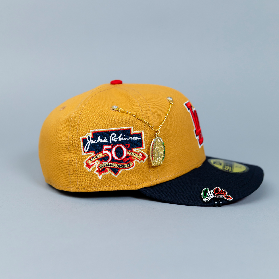NEW ERA EXCLUSIVE 59FIFTY DARK TAN/ NAVY LOS ANGELES DODGERS W/ "JACKIE ROBINAON" SIDE PATCH