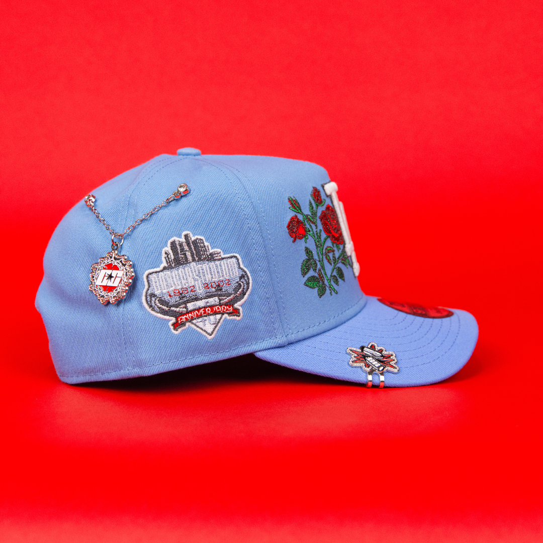 NEW ERA 9FIFTY A-FRAME ICY BLUE LOS ANGELES DODGERS SNAPBACK W/ BLOOMING ROSES + 40TH ANNIVERSARY SIDE PATCH