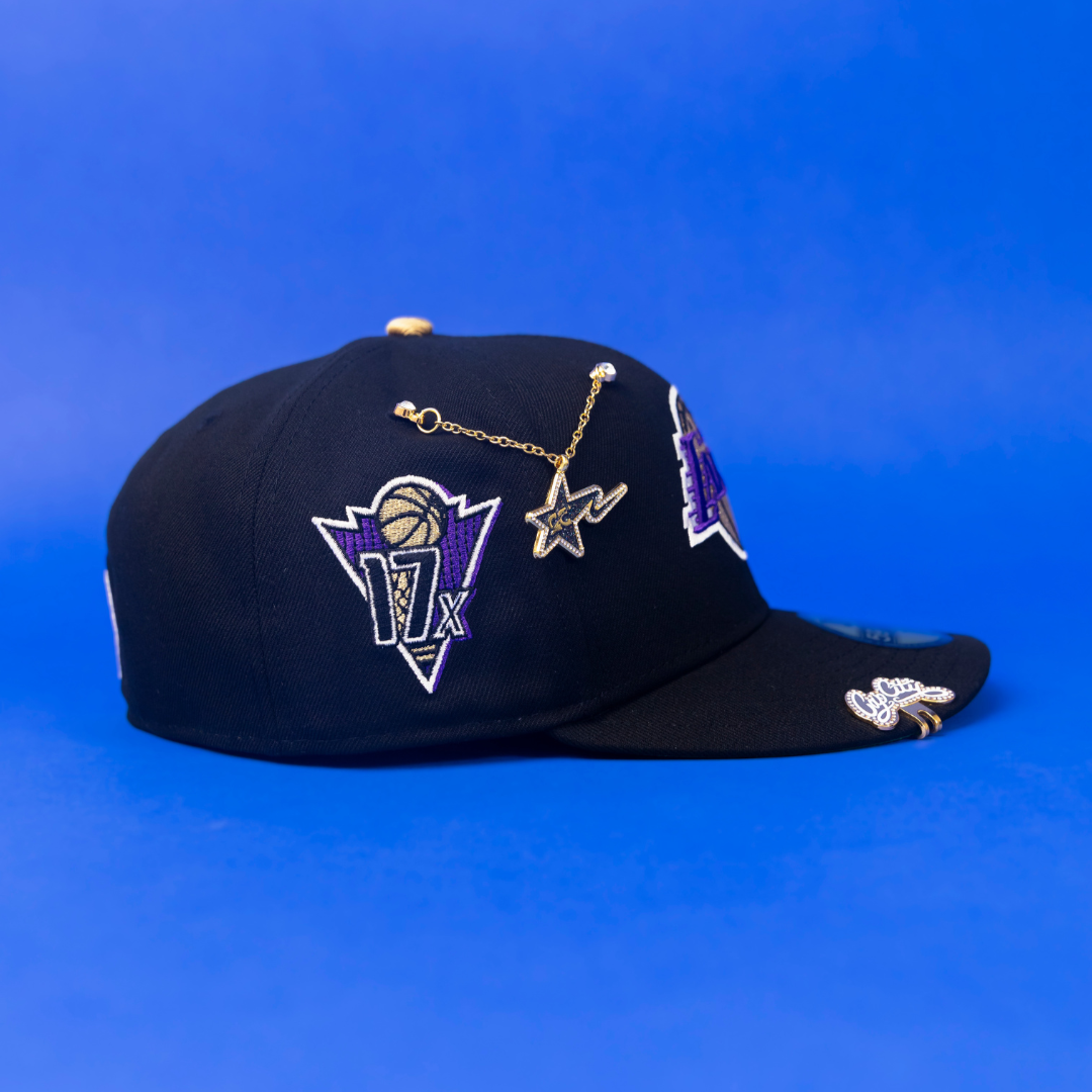 NEW ERA EXCLUSIVE 59FIFTY BLACK LOS ANGELES LAKERS W/ PALM TREES + 17X CHAMPIONS SIDE PATCH