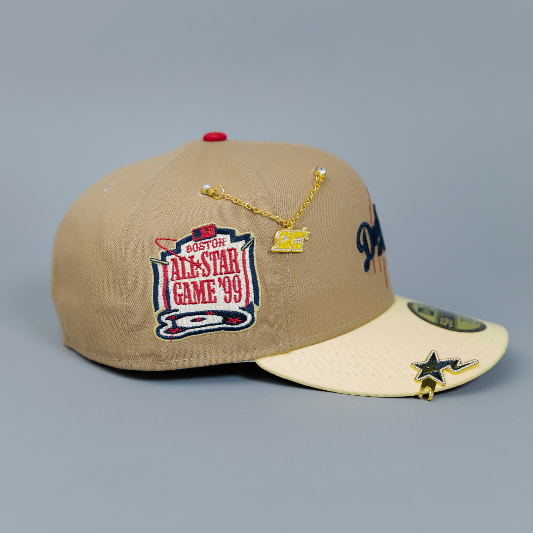 NEW ERA EXCLUSIVE 59FIFTY KHAKI/ YELLOW LOS ANGELES DODGERS SCRIPT W/ 1999 ALL STAR GAME SIDE PATCH