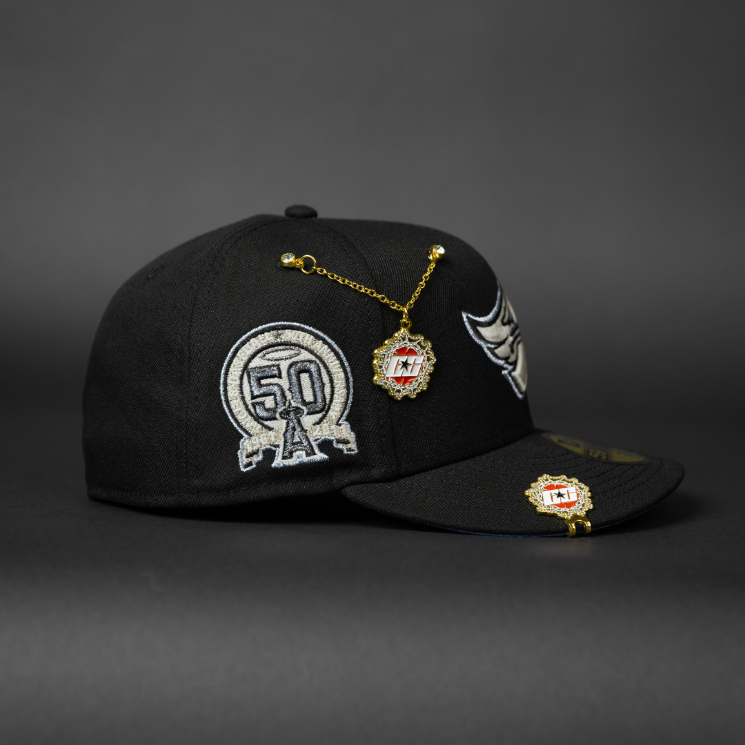 NEW ERA EXCLUSIVE 59FIFTY BLACK ANAHEIM ANGELS W/ 50TH ANNIVERSARY SIDE PATCH
