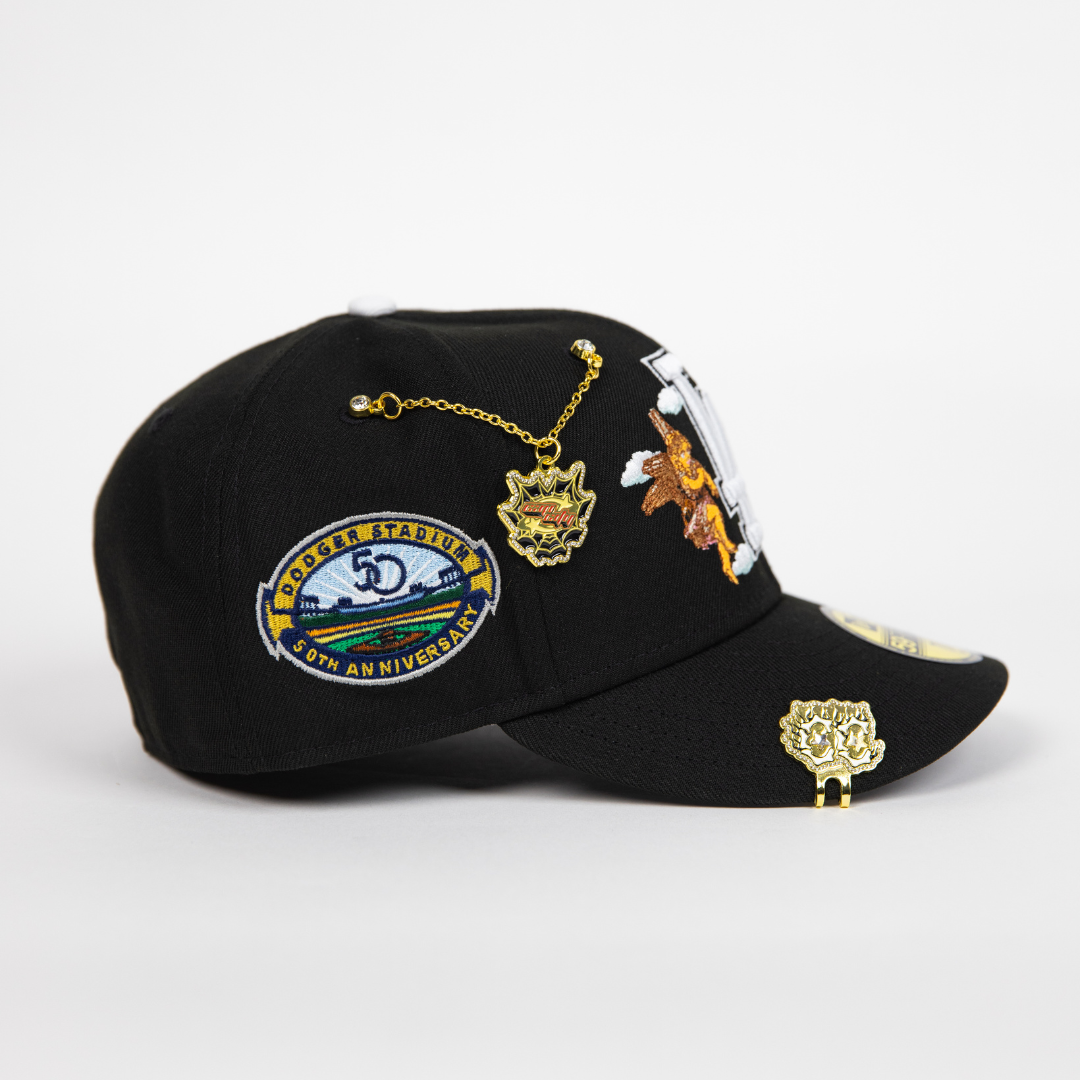 NEW ERA EXCLUSIVE 59FIFTY BLACK LOS ANGELES DODGERS "CITY OF ANGELS" W/ 50TH ANNIVERSARY SIDE PATCH