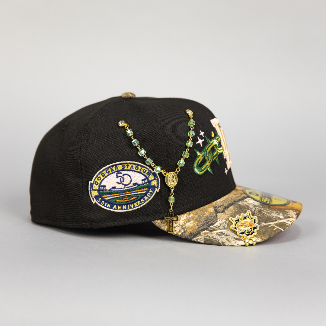 NEW ERA EXCLUSIVE 59FIFTY BLACK/ REALTREE LOS ANGELES DODGERS W/ EMBROIDERY + 50TH ANNIVERSARY SIDE PATCH