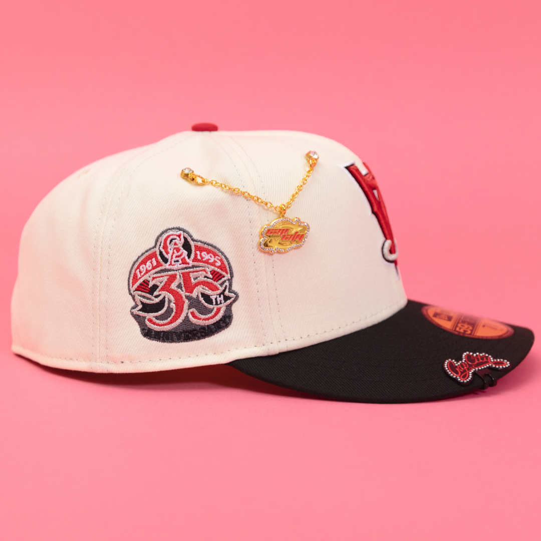 NEW ERA EXCLUSIVE 59FIFTY CHROME/ BLACK UPSIDE DOWN ANAHEIM ANGELS W/ 35TH ANNIVERSARY SIDE PATCH