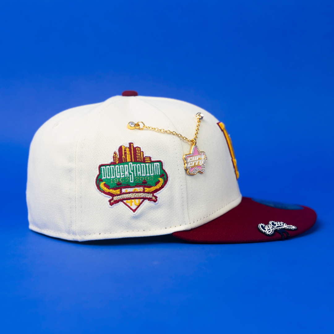 NEW ERA EXCLUSIVE 59FIFTY CHROME/ BURGUNDY LOS ANGELES DODGERS W/ 40TH ANNIVERSARY SIDE PATCH