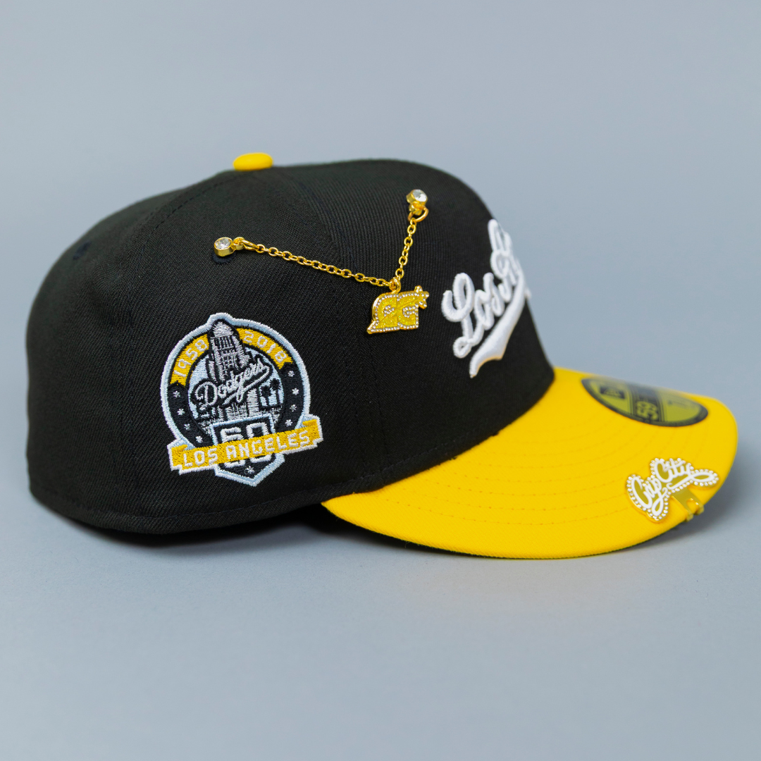 NEW ERA EXCLUSIVE 59FIFTY BLACK/ YELLOW LOS ANGELES DODGERS SCRIPT W/ 60TH ANNIVERSARY SIDE PATCH